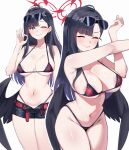  1girl absurdres areola_slip bikini bikini_bottom_under_shorts bikini_under_clothes black_bikini black_hair black_shorts black_wings blue_archive blush breasts commentary_request eyewear_on_head feathered_wings halo handjob_gesture highres ichika_(blue_archive) ichika_(swimsuit)_(blue_archive) large_breasts long_hair low_wings micro_bikini multicolored_bikini naughty_face navel official_alternate_costume one_eye_closed open_clothes open_shorts oral_invitation red_halo ryno-tenki sexually_suggestive shorts smile stretching string_bikini sunglasses swimsuit two-tone_bikini unusually_open_eyes wings 