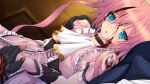  1boy 1girl aqua_eyes ascot black_gloves blood blood_on_clothes blood_on_face blue_eyes collar dress dutch_angle empty_eyes fingerless_gloves game_cg genseishinki_sacred_virth gloves injury long_hair non-web_source official_art pink_dress pink_hair raziel_(sacred_virth) solo_focus tears torn_clothes twintails variant_set yuugure_pairo 