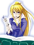  blonde_hair book bookmark choker glasses lips long_hair looking_at_viewer marchosias margery_daw non-web_source parted_lips piku ponytail purple_eyes shakugan_no_shana sketch solo source_request very_long_hair 