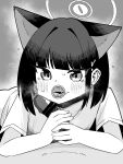  1boy 1girl animal_ears bar_censor blue_archive blush cat_ears cat_girl censored commentary_request condom condom_in_mouth erection extra_ears greyscale hair_ornament hairclip halo heart hetero highres kazusa_(blue_archive) looking_at_viewer monochrome mouth_hold penis penis_on_face pov shirt short_hair short_sleeves solo_focus tomi8tky 