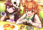  +_+ 2girls ahoge black_vest breast_rest breasts breasts_on_table brown_eyes brown_hair card cloak closed_mouth cup dapiko_(duel_masters) drinking_glass drinking_straw duel_masters duel_masters_play's food from_above fur-trimmed_cloak fur_trim hair_ornament hanato_nato hand_on_own_cheek hand_on_own_face highres holding holding_card huge_ahoge imagining indoors kokko_rupiko long_hair multicolored_hair multiple_girls open_mouth pancake pink_hair plate purple_eyes shirt sitting skull_hair_ornament sound_effects sparkle trading_card trembling upper_body vest wallet white_shirt 