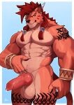 abs anthro balls bodily_fluids canid canine claws erection final_fantasy final_fantasy_vii fur genital_fluids genitals hair hi_res knot looking_at_viewer male male_anthro mammal markings muscular muscular_anthro muscular_male pecs portrait precum radcanine red_xiii solo square_enix tail