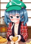  1girl blue_eyes blue_hair blush brown_sweater closed_mouth cold_pack commentary_request food fruit green_hat hanten_(clothes) hat highres indoors japanese_clothes kawashiro_nitori kotatsu liquid-in-glass_thermometer long_sleeves mandarin_orange peeling ruu_(tksymkw) short_hair solo sweater table thermometer thermometer_in_mouth touhou two_side_up upper_body wide_sleeves 