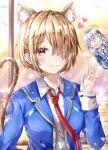  2girls :q ^^^ absurdres animal_ear_fluff animal_ears ayaro_(genkiloobaii) blonde_hair blue_jacket blush cat_ears cat_girl cat_tail closed_mouth collared_shirt commentary day extra_ears eyelashes furrowed_brow glasses hair_ornament hair_over_one_eye hairclip hand_up heart heaven_burns_red highres izumi_yuki_(heaven_burns_red) jacket kayamori_ruka kemonomimi_mode long_sleeves looking_at_viewer multiple_girls necktie ocean one_eye_covered open_mouth outdoors parallel_hairclips peeking_out red_eyes red_necktie round_eyewear shirt short_hair smile solo_focus split_mouth sweatdrop tail tail_raised tongue tongue_out upper_body v-shaped_eyebrows waving wavy_mouth white_shirt 