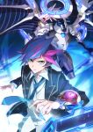  1boy blue_eyes blue_hair blue_jacket blue_necktie commentary_request cowboy_shot deck_of_cards dragon duel_disk duel_monster firewall_dragon fujiki_yusaku jacket male_focus multicolored_hair necktie purple_hair shirt short_hair spiked_hair streaked_hair tsuezu two-tone_hair white_shirt yu-gi-oh! yu-gi-oh!_vrains 