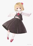  1girl ascot awahara blonde_hair bow collared_shirt commentary_request frilled_shirt_collar frills full_body hair_bow highres long_sleeves looking_to_the_side mary_janes outstretched_arms pink_eyes rumia shirt shirt_tucked_in shoes short_hair skirt skirt_set smile socks solo touhou 