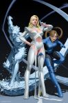  1boy 2girls black_background black_bodysuit blonde_hair blue_bodysuit blue_boots blue_gloves bodysuit boots brown_hair cleavage_cutout clothing_cutout comic_cover commentary cryokinesis emma_frost english_commentary full_body gloves hand_on_own_hip high_heel_boots high_heels highres ice iceman_(x-men) instagram_logo instagram_username intangible kitty_pryde long_hair looking_at_viewer marvel midriff multicolored_bodysuit multiple_girls muscular muscular_male official_art open_mouth panties ponytail signature superhero_costume textless_version thigh_boots two-tone_bodysuit underwear white_boots white_gloves white_panties x-men yoon_junggeun 