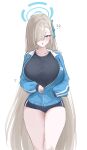  1girl :o absurdres asuna_(blue_archive) black_shirt blonde_hair blue_archive blue_buruma blue_halo blue_jacket blue_shorts blush breasts buruma chico_(51m741) collarbone commentary hair_over_one_eye halo highres jacket large_breasts long_hair looking_down open_clothes open_jacket partially_unzipped shirt shorts solo symbol-only_commentary thighs undersized_clothes very_long_hair 