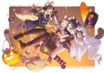  4girls animal_ear_fluff animal_ears arukiru bare_shoulders barefoot black_hair blonde_hair blue_eyes breasts broom brown_eyes brown_hair brown_thighhighs candy cat_ears cat_girl cat_tail cleavage closed_eyes demon_costume demon_horns demon_wings food fox_ears fox_girl fox_tail ghost_costume glasses halloween halloween_costume hat highres horns large_breasts long_hair maid_headdress medium_breasts medium_hair multiple_girls one_eye_closed open_mouth original outside_border pumpkin smile tail thighhighs tongue tongue_out wings witch_hat 