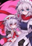  2girls :| apron ascot black_gloves blue_dress blue_eyes bow breasts closed_mouth commentary_request cowboy_shot dress embodiment_of_scarlet_devil expressionless frilled_dress frills gloves gold_pendant grey_hair hair_between_eyes hand_on_another's_shoulder hat hat_ribbon height_difference highres izayoi_sakuya long_sleeves looking_at_viewer maid maid_apron maid_headdress medium_hair mob_cap multiple_girls pink_background pointy_ears puffy_short_sleeves puffy_sleeves puritan_collar red_ascot red_bow red_eyes red_ribbon red_scarf red_wrist_cuffs remilia_scarlet ribbon scarf short_sleeves sleeve_cuffs slit_pupils suigyu_xxx touhou waist_bow white_dress white_hat wrist_cuffs 