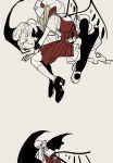  2girls abstract bat_wings black_shoes blonde_hair commentary_request crystal_wings dee_(tannsumi) faceless flandre_scarlet frilled_hat frills hat highres hug mob_cap multiple_girls one_side_up pleated_skirt red_skirt red_vest remilia_scarlet shaded_face shirt shoes short_sleeves simple_background skirt touhou vest white_hat white_shirt wings yellow_background 