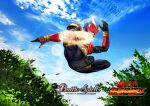  1boy arcle_(kuuga) armor battle_spirits black_bodysuit black_helmet blue_sky bodysuit cloud cloudy_sky commentary_request copyright_logo copyright_name copyright_notice electricity gold_bangle gold_horns gold_trim helmet kamen_rider kamen_rider_kuuga kamen_rider_kuuga_(rising_mighty_form) kamen_rider_kuuga_(series) leaf logo official_art outdoors red_armor red_eyes rider_belt rider_kick ryuda sky solo tokusatsu 