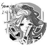  1girl bingtang_ban_shizi black_background border bow-shaped_hair cherry_blossoms chinese_clothes chinese_commentary chinese_hairpin closed_mouth commentary_request dated detached_collar eyelashes eyeshadow facial_tattoo fingernails folded_fan folding_fan gradient_background grey_background greyscale hair_flowing_over hair_ornament hair_rings hairpin half_updo hand_fan hanfu happy holding holding_fan infinity_nikki lipstick long_hair long_sidelocks makeup mandarin_collar monochrome multicolored_hair multiple_hairpins nikki_(series) outline petals round_border sample_watermark sidelocks smile solo split-color_hair straight-on tattoo two-tone_background two-tone_hair upper_body very_long_hair watermark where_wanxiang_weaves_life_(infinity_nikki) white_border 