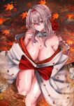  1girl absurdres autumn_leaves breasts brown_hair cleavage closed_mouth flower goddess_of_victory:_nikke hair_flower hair_ornament highres japanese_clothes kimono kuroshiro030 large_breasts leaf looking_at_viewer official_alternate_costume outdoors red_eyes red_flower scarlet_(black_shadow)_(longing_flower)_(nikke) scarlet_(nikke) solo wading water white_kimono 
