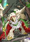  alternate_color armor axe battle_axe bulbasaur burmy burmy_(plant) cape character_request chesnaught chespin claws commentary_request foongus fur_cape grookey highres mega_chesnaught mega_pokemon no_humans pokemon pokemon_(creature) pokemon_focus pokemon_legends:_z-a polearm quilladin red_nose rowlet sawa_d shield shiny_pokemon shoulder_armor solo_focus spikes standing star_(symbol) trait_connection tree weapon white_beard white_fur yellow_claws 