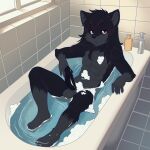 1:1 2024 abs anthro balls bangs bathing bathroom black_body black_fur black_hair black_nose black_penis black_sclera canid canine canis claws colored day digital_drawing_(artwork) digital_media_(artwork) erection fur genitals grey_body grey_claws grey_eyes grey_fur hair hi_res high-angle_view humanoid_genitalia humanoid_penis inside long_hair looking_at_viewer male mammal nude partially_submerged penis shaded sitting solo sunnypony window wolf