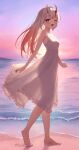  1girl ;d absurdres alternate_costume bare_arms barefoot beach breasts center-flap_bangs commentary_request day dress fang feet frilled_dress frills full_body gradient_hair grey_hair hair_between_horns heel_up highres hololive horns kakinotane_e long_hair looking_at_viewer multicolored_hair nakiri_ayame ocean one_eye_closed oni open_mouth outdoors red_eyes red_hair red_streaks see-through_clothes see-through_silhouette skin-covered_horns skin_fang small_breasts smile solo spaghetti_strap streaked_hair sundress toes virtual_youtuber 