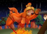 3_toes 4_fingers absurd_res all_the_way_through animal_crossing anthro bdsm black_nose blonde_hair blush breasts brown_eyes brown_hair canid canine canis character_prepared_as_food clothed clothing death domestic_dog duo feet female fingers fire forest fur genitals gore hair hi_res human impalement isabelle_(animal_crossing) male mammal night nintendo nipples outside pawpads penetration plant shirt solo_focus star steam tail toes tongue tongue_out topwear toy_dog tree vulva waynekan yellow_body yellow_fur