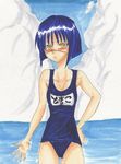  blue_hair blush busou_renkin scar swimsuit tsumura_tokiko yellow_eyes 