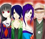  black_hair blue_hair enma_ai hone_onna ichimoku_ren japanese_clothes jigoku_shoujo kimono lowres red_eyes school_uniform seifuku serafuku wanyuudou 