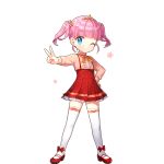  1girl aged_down akane_garnet aqua_eyes choker dress gold_tiara one_eye_closed orange_choker orange_shirt pink_hair red_dress red_shoes salt_(salty) shirt shoes short_hair smile standing thighhighs twintails uchi_no_hime-sama_ga_ichiban_kawaii v white_thighhighs 