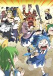  6+girls antennae apron ascot bandaged_arm bandages beans bird_wings black_cape black_hat black_shoes black_skirt black_vest blonde_hair blue_bow blue_dress blue_hair bow braid brown_dress brown_hair brown_hat brown_horns bun_cover cape cirno club_(weapon) commentary_request curly_hair daiyousei detached_sleeves detached_wings double_bun dress dust_cloud eating fairy fairy_wings fangs flower frilled_bow frilled_hair_tubes frills gourd green_eyes green_hair green_skirt hair_bow hair_bun hair_ribbon hair_tubes hakurei_reimu hat hat_bow highres holding holding_club holding_gourd holding_weapon horns hoshiguma_yuugi ibaraki_kasen ibuki_suika ice ice_wings inuno_rakugaki kariyushi_shirt kicking kirisame_marisa komano_aunn long_hair long_sleeves mamemaki mask masu multiple_girls mystia_lorelei oni oni_mask open_mouth pinafore_dress pink_flower pink_hair pink_rose red_ascot red_bow red_cape red_horns red_shirt red_skirt red_tabard ribbon ribbon-trimmed_sleeves ribbon_trim rose rumia setsubun shirt shoes short_hair side_braid single_braid single_horn skirt skirt_set sleeveless sleeveless_dress socks tabard throwing touhou two-sided_cape two-sided_fabric very_long_hair vest waist_apron weapon white_apron white_bow white_shirt white_socks winged_hat wings witch_hat wriggle_nightbug yellow_ascot 