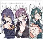  120_of_their_potential_(meme) 3girls :p absurdres ahoge antenna_hair bags_under_eyes black_jacket blue_eyes blue_overskirt blue_vest braid butterfly_hair_ornament collared_shirt cropped_jacket domain_expansion gakuen_idolmaster gokugetsu_academy_school_uniform green_eyes green_hair green_shirt hair_ornament hand_up haruyuki_(gffewuoutgblubh) hataya_misuzu hatsuboshi_gakuen_school_uniform heart high-waist_skirt highres idolmaster jacket jujutsu_kaisen kaya_rinha long_hair long_sleeves looking_at_viewer low_twintails medium_hair meme mole mole_under_mouth multiple_girls odaibako open_clothes open_jacket overskirt pink_hair purple_eyes purple_hair request_inset school_emblem school_uniform shirt sidelocks simple_background skirt smile speech_bubble spoken_heart syngup!_(idolmaster) tongue tongue_out translated tsukimura_temari twintails vest white_background white_jacket white_shirt 