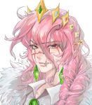  1boy absurdres androgynous animification artist_request bishounen braid brooch chinese_commentary commentary_request commission crown dream_smp earrings eyelashes fur_trim gold_crown hair_between_eyes highres humanization jewelry long_hair looking_at_viewer male_focus minecraft_youtube pink_hair pointed_crown pointy_ears portrait red_eyes scar scar_on_face second-party_source shirt side_braid simple_background slit_pupils solo technoblade teeth white_background white_shirt 