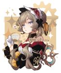  1girl anger_vein arm_under_breasts black_collar black_sleeves blue_eyes bonnet braid bright_pupils brown_hair bun_with_braided_base collar commentary cropped_torso cup detached_collar detached_sleeves frilled_sleeves frills gem genshin_impact gloves hair_bun hand_up highres holding holding_cup long_hair long_sleeves looking_at_viewer open_mouth red_gem sandragh sandrone_(genshin_impact) signature solo teacup twitter_username upper_body white_gloves white_pupils winding_key 