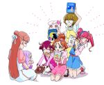  +_+ 6+girls arms_up black_shoes blue_eyes blue_hairband blue_overalls book bow brown_hair casual child closed_eyes closed_mouth collared_dress commentary dress ellee-chan flying_sweatdrops giving glasses go!_princess_precure hair_bow hair_bun hair_ribbon hairband haruno_haruka highres hirogaru_sky!_precure holding holding_book hoshina_hikaru hoshizora_miyuki ichinose_minori in-franchise_crossover jacket kaguya_(healin'_good_precure) kneeling konsuke0 long_hair looking_at_another medium_dress miniskirt multiple_girls nijigaoka_mashiro on_lap one_side_up opaque_glasses open_mouth overall_shorts overalls picture_book pink_dress pink_eyes pink_hair pink_jacket pink_shirt pink_shoes pink_skirt pleated_skirt pointing precure puffy_short_sleeves puffy_sleeves purple_hair red_socks ribbon round_eyewear shadow shirt shoes short_dress short_sleeves short_twintails single_hair_bun sitting skirt smile smile_precure! sneakers socks squatting standing star_color_pendant star_twinkle_precure swept_bangs thighhighs tropical-rouge!_precure twintails two-tone_dress two_side_up white_background white_dress white_hair white_ribbon white_shoes white_socks white_thighhighs yellow_bow yellow_dress 