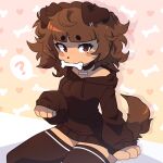 1:1 2026 absurd_res ahoge anthro bangs bone_in_mouth brown_body brown_clothing brown_eyes brown_fur brown_hair brown_hoodie brown_legwear brown_stockings brown_tail brown_topwear canid canine canis clothing collar colored digital_drawing_(artwork) digital_media_(artwork) domestic_dog ear_piercing eyelashes female floppy_ears fur hair hi_res hoodie legwear looking_at_viewer mammal piercing question_mark shaded short_hair simple_background sitting solo stockings tail topwear typh