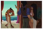  1girl 2boys amugea architecture ass black_hair blunt_bangs blush border bowing chel_(el_dorado) closed_eyes commentary curtains dark-skinned_female dark-skinned_male dark_skin earrings english_commentary from_behind grabbing_another's_ass groping hand_on_another's_wrist highres indoors interracial jewelry long_hair looking_at_another low_ponytail mesoamerican_architecture midriff multiple_boys paid_reward_available parted_lips pelvic_curtain pink_tube_top ponytail smile strapless sweat the_road_to_el_dorado tube_top tulio_(el_dorado) two-tone_tube_top tzekel-kan white_border white_loincloth wide_hips 
