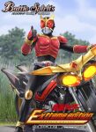  1boy arcle_(kuuga) armor battle_spirits beatchaser_2000 black_bodysuit black_gloves black_helmet bodysuit commentary_request copyright_logo copyright_name copyright_notice crimson_(cxrss377) gloves gold_horns gold_trim helmet kamen_rider kamen_rider_kuuga kamen_rider_kuuga_(mighty_form) kamen_rider_kuuga_(series) logo motor_vehicle motorcycle official_art on_motorcycle outdoors red_armor red_eyes rider_belt shoulder_armor solo thumbs_up tokusatsu 