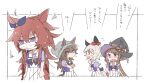  4girls :d animal_ears animal_hat beanie beer_hsk black_hat blue_ribbon bow braid brown_hair chibi commentary_request crossed_arms curren_chan_(umamusume) ear_bow ear_ribbon ears_through_headwear fake_animal_ears flying_sweatdrops grey_hair grey_hat hair_between_eyes hair_rings hat horse_ears horse_girl horse_tail long_hair multiple_girls nakayama_festa_(umamusume) orfevre_(old_design)_(umamusume) pleated_skirt profile puffy_short_sleeves puffy_sleeves purple_bow purple_eyes purple_shirt red_bow ribbon school_uniform shirt short_sleeves skirt small_sweatdrop smile squiggle sweat sweep_tosho_(umamusume) tail tracen_school_uniform translation_request twin_braids umamusume very_long_hair white_background white_skirt witch_hat 
