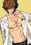  1boy bandaid bandaid_on_cheek bandaid_on_face black_pants brown_eyes brown_hair collarbone collared_shirt commentary_request corrupted_twitter_file cross_scar gauze gauze_on_cheek hair_between_eyes highres katekyo_hitman_reborn! male_focus momoyoru1 navel open_clothes open_shirt pants parted_lips pectorals sawada_tsunayoshi scar scar_on_chest shirt solo teeth toned toned_male watermark weibo_watermark white_shirt 