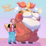 2026 3_toes absurd_res anthro belly big_breasts blue_background blush bottomwear breasts clothing delphox duo english_text eyelashes featureless_breasts feet female fire food fur generation_6_pokemon glistening glistening_body glistening_fur gradient_background half-closed_eyes hand_in_pocket hat headgear headwear hi_res holding_food holding_object huge_breasts human inner_ear_fluff larger_anthro larger_female litonyle male mammal master mcdonald's narrowed_eyes navel nintendo obese obese_anthro obese_female outline overweight overweight_anthro overweight_female pants pink_background pockets pokemon pokemon_(species) red_(pokemon) red_body red_clothing red_fur red_hat red_headwear red_nose red_shirt red_topwear shirt simple_background size_difference smile standing stick text thanking thick_thighs tilde_after_text toes topwear tuft white_body white_fur white_outline wide_hips