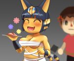 5_fingers absurd_res angry animal_crossing ankha_(animal_crossing) anthro axe black_hair black_nose bottomwear breasts brown_eyes brown_hair clothed clothing cross-popping_vein domestic_cat duo felid feline felis female fingers flower fur genitals hair happy hi_res human male mammal navel nintendo nipple_slip open_mouth pants pink_tongue plant plate shirt slightly_chubby slightly_chubby_anthro slightly_chubby_female solo_focus tan_body tan_fur tongue topwear vulva waynekan