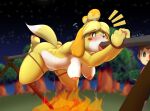 3_toes 4_fingers absurd_res all_the_way_through animal_crossing anthro bdsm black_nose blonde_hair blush bodily_fluids breasts brown_eyes brown_hair canid canine canis character_prepared_as_food clothed clothing dipstick_tail domestic_dog duo feet female fingers fire forest fur genitals hair hi_res human imminent_death impalement isabelle_(animal_crossing) male mammal markings night nintendo nipples outside pawpads penetration pink_pawpads pink_tongue pink_vulva plant shirt solo_focus star sweat tail tail_markings toes tongue tongue_out topwear toy_dog tree vulva waynekan yellow_body yellow_fur