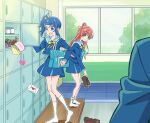  2girls bag black_shoes blue_eyes blue_hair blue_jacket blue_sailor_collar blue_skirt bobby_socks bow bowtie carrying commentary cut_bangs frown getabako green_eyes hair_bow hair_bun hair_ribbon haruru_(dontacocon) heart heel_up highres hirogaru_sky!_precure holding holding_shoes holding_unworn_clothes indoors jacket leaning_forward letter locker long_hair long_sleeves love_letter mary_janes medium_hair miniskirt multiple_girls nijigaoka_mashiro open_mouth opening pink_hair pleated_skirt precure protected_link ribbon sailor_collar school_bag school_uniform shoes side_ponytail single_hair_bun single_sidelock skirt socks sora_harewataru sorashido_academy_school_uniform standing symbol-only_commentary unworn_shoes uwabaki white_ribbon white_socks window yellow_bow yellow_bowtie 