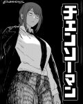  1girl alternate_breast_size_(larger) braid breasts chainsaw_man coat coat_on_shoulders commentary_request copyright_name cowboy_shot expressionless from_below frown greyscale hatching_(texture) highres large_breasts makima_(chainsaw_man) monochrome necktie ringed_eyes seveninks sidelocks single_braid solo spanish_commentary twitter_username 