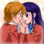  blazer blue_bow bow brown_jacket futari_wa_precure haruyama_kazunori holding holding_hands interlocked_fingers jacket lowres misumi_nagisa multiple_girls precure school_uniform tongue verone_gakuin_school_uniform yukishiro_honoka 