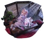  1girl artist_request ass bell blonde_hair blue_eyes blue_flower bodystocking bonsai bow breasts character_request cleavage daiblos_core flower footwear_bow hair_bell hair_flower hair_ornament hair_ribbon high_heels highres large_breasts long_hair looking_back official_art pink_ribbon pink_shoes ribbon shoes single_shoe solo tassel unworn_shoes 