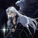  1boy armor black_background black_bow black_coat bow chest_strap closed_mouth coat collarbone english_commentary feathered_wings final_fantasy final_fantasy_vii green_eyes grey_hair hair_intakes highres lips long_hair long_sleeves male_focus parted_bangs sephiroth shoulder_armor single_wing slit_pupils solo sparkle ssp_(cskilling) upper_body wings 