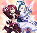  arm_warmers back-to-back belt bike_shorts blue_eyes blue_hair clenched_hands cosplay crossover cure_black cure_black_(cosplay) cure_white cure_white_(cosplay) detached_sleeves diamond_(shape) dress earrings fighting_stance fingerless_gloves futari_wa_precure futari_wa_precure_splash_star gloves hair_ornament hair_ribbon half_updo happy haruyama_kazunori jewelry kiryuu_kaoru kiryuu_michiru long_hair looking_at_viewer magical_girl multiple_girls open_mouth parody pose precure red_eyes red_hair ribbon shirt short_hair shorts shorts_under_skirt skirt smile white_dress 