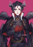  1boy arm_at_side black_capelet black_hair black_horns black_pants black_tailcoat black_wings buttons capelet chain collared_shirt cowboy_shot curtained_hair dated demon_boy demon_horns diamond_(shape) diamond_facial_mark double-breasted facial_mark feathered_wings feathers forehead_mark gold_chain grey_shirt grin hand_on_own_chest hexagram high_collar highres horns lapels looking_at_viewer lower_teeth_only lucifer_(obey_me!) male_focus obey_me!:_one_master_to_rule_them_all! open_mouth pale_skin pants parted_bangs parted_hair pink_background red_eyes shirt short_hair simple_background sketch smile solo star_of_david straight-on teeth two-sided_capelet two-sided_tailcoat ucniku very_short_hair wavy_hair wings 