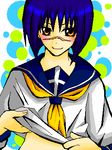  blue_hair blush busou_renkin lowres scar school_uniform seifuku serafuku tsumura_tokiko yellow_eyes 