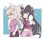  2girls :d animal_ears beer_hsk biwa_hayahide_(umamusume) black_hair blue_background blush brown_eyes can commentary_request crop_top cropped_legs glasses grey_hair groin holding holding_can holding_towel horse_ears horse_girl horse_tail long_hair midriff multiple_girls narita_brian_(umamusume) navel pants pink_pants pink_shirt ponytail profile purple_pants purple_shirt red-framed_eyewear semi-rimless_eyewear shirt short_sleeves smile tail tied_shirt towel two-tone_background umamusume under-rim_eyewear very_long_hair white_background 