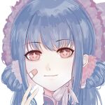  +_+ 1girl absurdres bandaid bandaid_on_cheek bandaid_on_face bling_(infinity_nikki) blue_hair bow bowtie braid brown_eyes chinese_commentary closed_mouth coin commentary_request dot_nose eyelashes frilled_hairband frills fuwei98497 gold_coin hair_bow hair_ornament hair_scrunchie hairband hand_up happy high_collar highres infinity_nikki lips long_hair low_twintails nikki_(series) object_in_eye pink_scrunchie portrait purple_bow purple_bowtie purple_hairband scrunchie simple_background smile solo stylist_(nikki) twin_braids twintails white_background 