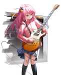  1girl absurdres black_socks blue_eyes blue_skirt bocchi_the_rock! commentary_request cube_hair_ornament electric_guitar eredhen gotoh_hitori guitar hair_ornament highres instrument jacket kneehighs long_hair miniskirt pink_hair pink_jacket pleated_skirt skirt socks solo track_jacket 
