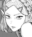  1girl braid close-up commentary crosshatching crown_braid english_commentary eyelashes hair_ornament hairclip hatching_(texture) highres lips looking_at_viewer parted_lips portrait princess_zelda seveninks solo the_legend_of_zelda the_legend_of_zelda:_tears_of_the_kingdom twitter_username 